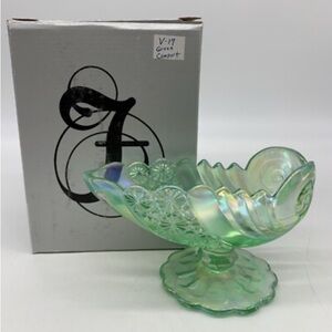 Fenton Green Iridescent Carnival Glass Compote